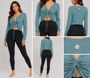 V-Neck Long Sleeve Ruched Tie-Front Cropped Top